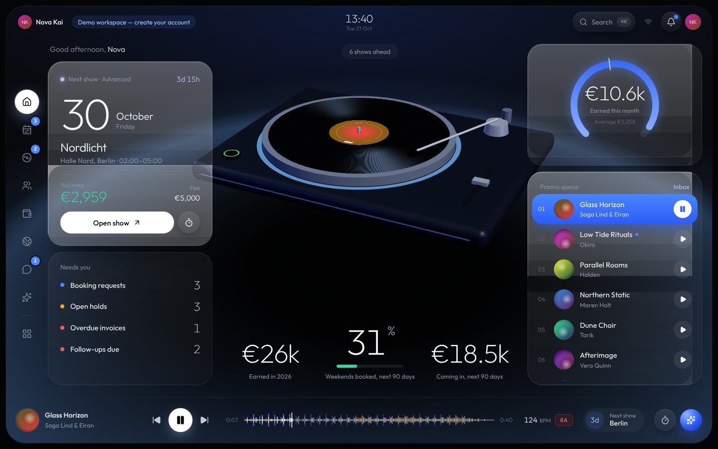 The DJme console: next show, a 3D turntable playing a promo, earnings gauge and promo queue